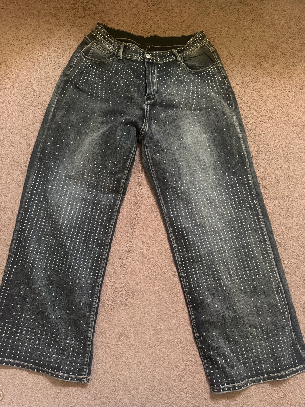 Black and Grey Embellished Straight-Leg Loose fit Jeans